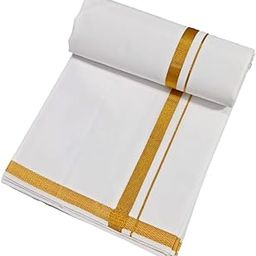 Traditional Men White Cotton Free Size 4 Meters Casual Style Lunge With Gold Boarder Jari Boarder.{Pack Of 1}-image-97