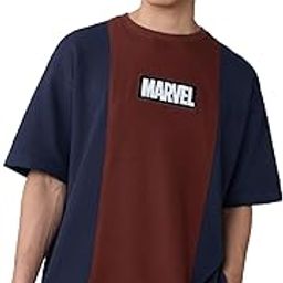 Marvel: Classic Logo Men and Boys Short Sleeves Round Neck Blue and Brown Embroidered Cotton Oversized T-Shirts-image-100