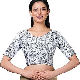 Women Pure Cotton Blouse,Round Neck, Short Sleeves,100% Cotton,Women's Printed Pure Cotton Readymade Saree Blouse-image-76