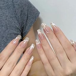 Nakhi 24 Reusable Artificial Fake Nail Set | Base Peach colour with Flat White Tip Design Glossy Nails | Lightweight & Long Lasting | Quick Fix For Festivals & Special Occasions-image-50