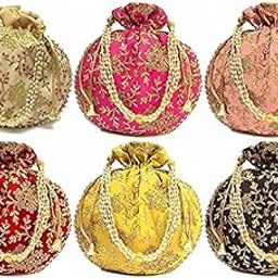 6 Designer Women's Wrap Round Shap Royal Silk Potli Batwa Bag Bridal Purse Women handbag Shagun Pouch Return Gifts (Multicolor)-image-73