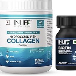 INLIFE Biotin with Collagen | Japanese Hydrolyzed Marine Fish Collagen Peptides Powder Supplement | Supports Hair, Skin, Joints Health - 60 Capsules & 200g (Unflavoured)-28