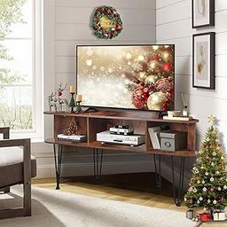 Corner TV Stand for 50 Inch TV, Entertainment Center with Storage Cabinet, Industrial Media Console Table with High Metal Feet and Anti-Slip Pads, TV Stand for Living Room, 50" TV Console, Brown-image-8