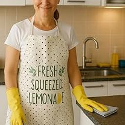 JYOTEX Fresh Squeezed Lemonade Design Kitchen Apron with Polka Dots, White and Green Print (D)-image-31