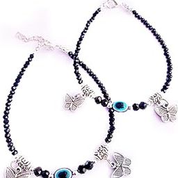 Black Beads Evil Eye Silver Butterfly Anklets-image-16