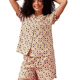 clovia Women's Rayon Co-ord Nightwear Set – Printed Button-Down Shirt & Shorts | Lounge & Sleep Set-picture-14