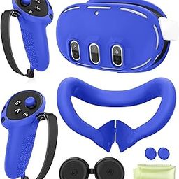Silicone Cover Set Compatible with Oculus/Meta Quest 3, VR Accessories Protective Cover Includes Controller Grips, Front Shell Headset Cover and Face Cover, Lens Protector (Blue)-29