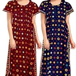 Women's Pure Cotton Nightwear Casual Nighty (Maroon Blue STAR-21 L)-image-78