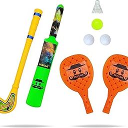 PRAPTI MART Super Plastic Sports Combo Set Cricket Bat Ball Tennis Racket & Hockey Sticks for Kids | Indoor Outdoor Toys | Activity Learning Toy | Age 2+ | 3 Pcs Combo | G/O/Y-image-85