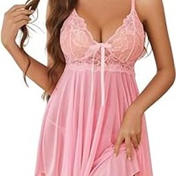 Women's Pink Babydoll Lingerie | Solid Net & Lace V-Neck Nighty | Above Knee Sexy Nightwear | Stylish Wedding Nightdress | S to 3XL-image-70