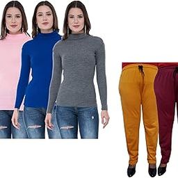 indiweaves Women Winter Wear Combo Pack- Full Sleeves High Neck/Skivvy and Fleece Warm Lower/Track Pants (Pink, Blue, Gray, Mustard, Maroon,36) Pack of 5-picture-40