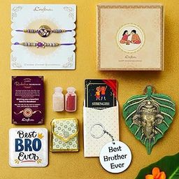 eCraftIndia Rakhi Gift Box Set of 2 Floral Pearl Designer Rakhi for Brother | Ganesha Wall Hanging | Best Bro Ever Fridge Magnet Best Brother Ever Key Chain Greeting Affirmation Cards Roli Chawal-38