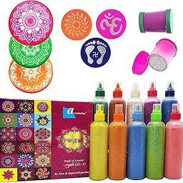 Ascension 10 Rangoli Powder Colors 80 gm Each 2 Fillers, 3 Stencils & 3 Stamp Stencils Ceramic Colours Rangoli Making Tolls Kit Color Powder Rang for Navratri Pongal Pooja Mandir (Combo 1)-image-40