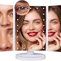 SINZUX Vanity Cosmetic Mirror, Makeup Mirror with 21 LED Lights, Touch Screen, Magnification Tri-Fold 2X 3X 10X Magnifying Mirror, 180°Free Rotation Led Mirror, Dual Power Supply Travel Mirror (White)-2