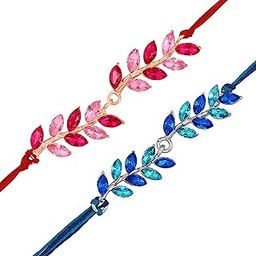 Combo of 2 Leaf Shaped Beautiful Rakhis with Red Pink and Blue Coloured Crystals for Bhai (RCO1105531M)-image-47