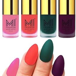 MI FASHION Velvet Matte Nail Polish Combo Set-4 For Women Classic Touch, Lasting Style Baby Pink, Neon Orange, Dark Green, Purple 9.9ml Each-2