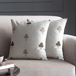 GM Luxury Home Decor Floral Embroidery Cotton Cushion Cover with Zipper - Luxurious Soft Decorative Square Pillow Cover for Living Room, Bedroom, Home Decor - Pack of 2 (Size: 24 x 24 inch, Brown)-image-1