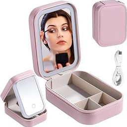 KHUMARI LED Travel Makeup Mirror with Lights and Storage – Portable Lighted Vanity Mirror with Touch Sensor, Adjustable Brightness – Compact Cosmetic Organizer Case for Women, Girls, Skincare (Pink)-17