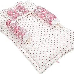 NWF 100% Cotton Unisex Baby Bedding Set with Mattress | Portable Daytime Baby Bedding for Newborns & Infants (0-24 Months), Size: 26" x 40", Pack of 4 – Leaf Pink-2