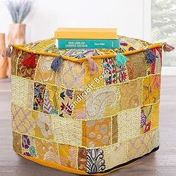 Throw Handmade Living Room Floor Pouf Bohomian Patchwork Rajasthani Ottoman Hippie Square Embroidery Bean Bag Vintage Indoor Outdoor Comfortable Sitting Foot Stool (16x16x16 Inch)-11