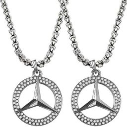 Set Of 2 Silver Color Unisex Diamond/Nug Stone Studded Fancy & Stylish Stainless Steel Mercedes Sign/Logo Iced Out Bling Design Pendant Locket Necklace With Box Chain For Men's And Boy's-0