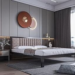 SABTA Craft Modern Upholstered King Size Bed for Bedroom | Metal Double Bed | Platform Cot Bed with Upholstery Premium Fabric | 6.5 x 6 Ft | Powder Coated Metal Bed | (Brown)-image-50