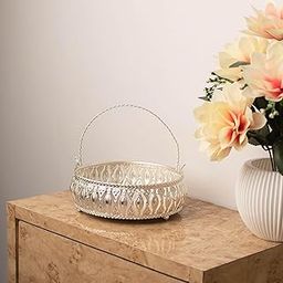DECORIQUE Silver Floral Cutwork Iron Basket with Handle - German Silver Plated Decorative Basket for Pooja, Dry Fruits, Wedding Return Gift, Housewarming, Diwali, Dining Table & Shelf Decor-image-22