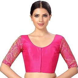 Womens Elbow Length Sleeves Silky Saree Blouse with Brocade Sleeves.-image-53