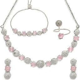 Rhodium-Plated Silver Toned American Diamond studded Necklace, Earrings, Bracelet & Ring Jewellery Set for Girls and Women-image-62