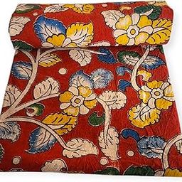 Kalamkari Cotton Unstitched Blouse Material, Red Floral Print, Traditional Design-picture-24
