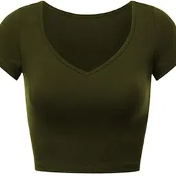 THE BLAZZE Womens Short Sleeve V Neck Basic Crop Top Summer Fitted Teen Tee Shirt Blouses for Girls X L2701 NK-picture-24