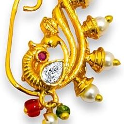 Maharashtrian Nath CZ Nose pin Traditional Bridal Wedding Jewellery Marathi Nose Stud non piercing Gold Plated Clip On Press Nath Nose Ring For Girls (Curved Star AD Nath)-image-86