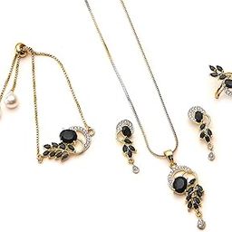 Jewellery Set American Diamond Gold Plated Traditional Style Necklace Pendant Set, Ring, Bracelet with Earring Jewellery for Women and Girls-6