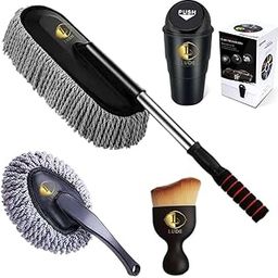 LUDE 5 PCS Microfiber Car Duster Kit| Interior & Exterior Car Cleaning Washing Detailing Tool |Extendable Long Handle Duster for Car| car Accessories Mini Dustbin Cum Tissue Holder (Complete Car Kit)-2