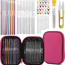 HASTHIP Aluminium 54Pcs Crochet Needles Set,Ergonomic Crochet Hooks Kit With Storage Case,Crochet Hooks Needles Set Stitch Marker Diy Craft Hand Knitting Craft Art Tools For Beginners,Assorted-1