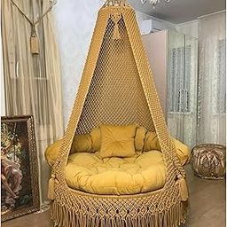 NORTHERN ARTS Macrame Hanging Chair Swing with Cushions, Boho Indoor Round Hammock Seat Indoor & Outdoor – Patio, Balcony, Bedroom, Living Room, Garden–Kids, Adults (Yellow)-image-57