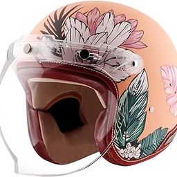 Axor Retro Jet Hawaii ISI Certified Lightweight Open Face Matt Finish Floral Helmet for Women with Clear Bubble Visor Peach(S)-75
