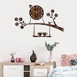 Freny Exim Wooden Mdf Tree Birds Coffee Cup On Julha Design Analog Wall Clock Without Glass (Brown, 43Cm X 68Cm)-058-16