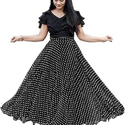 Classic Long Flared Georgette Skirt and Lycra Crop-Top Set for Women/Girls || Polka Dot Print || Elegent Design || Drawstring Band-image-21