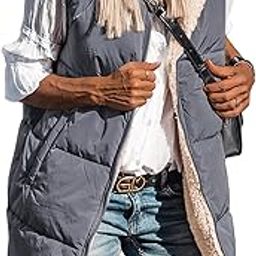 Fall Long Puffer Vest Women Sleeveless Hooded Reversible Fleece Sherpa Jacket Zip Up Winter Coat Outerwear Vests-13