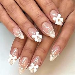 24pcs White French Tip Press on Nails Almond Bow Fake Nails With Design-image-30