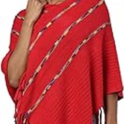 Women's Striped V-Neck Three-Quarter Sleeves Red Longline Poncho-CHN-9991_Red-image-1