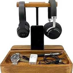 WRIGHTMART Wooden Headphone Stand, Universal Dual Headset Holder, Desktop Earphone Hanger, Cell Phone Tablet Slot, Décor for a Busy Office Workspace, Large Catch All Base Tray Acacia Wood-19