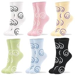 Women Crew Socks | 5-6 Pairs Tube Stripes Flower Print Rainbow Solid Polka Dot Patterned | Korean Daily Cotton Socks | US 6-8, Big Smile C, 6-8-image-20