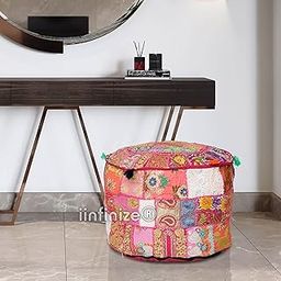 Indian Patchwork Pouf Ottoman Cover Round Patchwork Embroidered Pouffe Ottoman Cover Pink Cotton Floral Traditional Furniture Footstool Seat Puff Cover (16x16x14) Inch-image-91