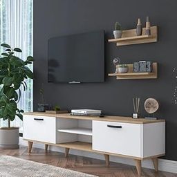 Spyder Craft Engineered Wood A1 Craft D4 TV Unit with Wall Shelf TV Stand with Bookshelf Wall Mounted with Shelf Modern Leg 180 Cm Basket Walnut Color: White & Beige-image-83