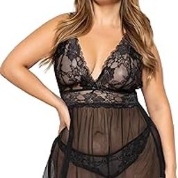 Plus Size Lace Babydoll Set with Mesh Panel, Black, 2-Piece-image-47