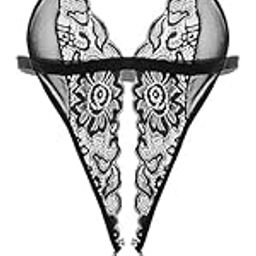 XCOT Women Deep V Imported Lingerie Floral Lace Teddy Lingerie Set, Deep V-Neck, Mesh Panel Design, Black-image-38