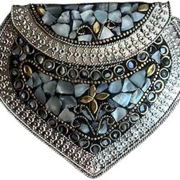 Vintage Heart-Shaped metal sling bag with Mosaic Blue Stone and Crystal Inlay, Metal Trinket Case, Antique Silver Finish-image-15