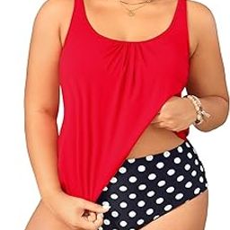 Plus Size Two Piece Swimsuit for Women Blouson Tankini Tummy Control Bathing Suit-image-100